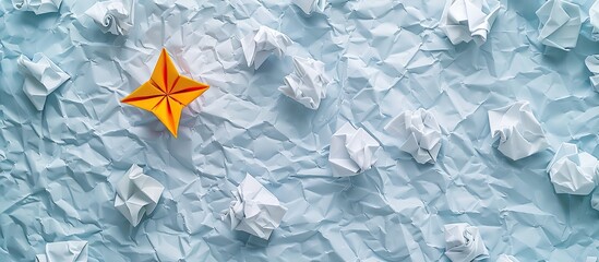 Individual creativity concept and creative innovator or new thinking as a symbol of innovation and inspiration metaphor as crumpled papers with one different paper transforming into an origami star