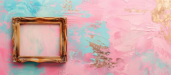 Empty picture frame isolated on pastel background, landscape format, in a distressed gilt finish. with copy space image. Place for adding text or design