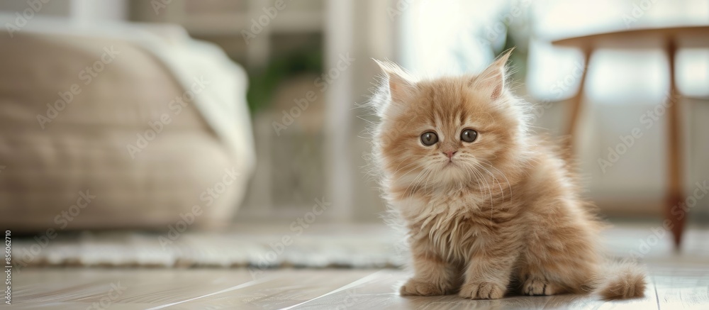 Poster the golden brown persian kitten sat on the floor of the house. it was cute and curious and looking a