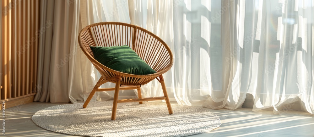 Poster wooden rattan chair with green pillow beige carpet, with white curtain behind in sunny day. with cop