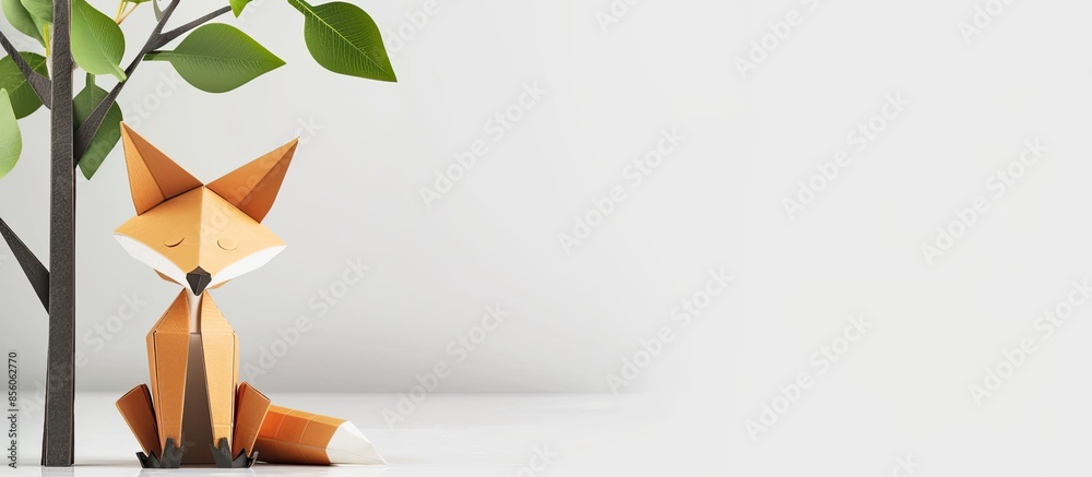 Poster Handmade cardboard fox near tree on white background. with copy space image. Place for adding text or design
