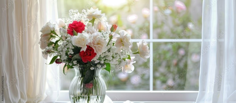 Fototapete vase with beautiful flowers on table near window indoors. stylish element of interior design. with c