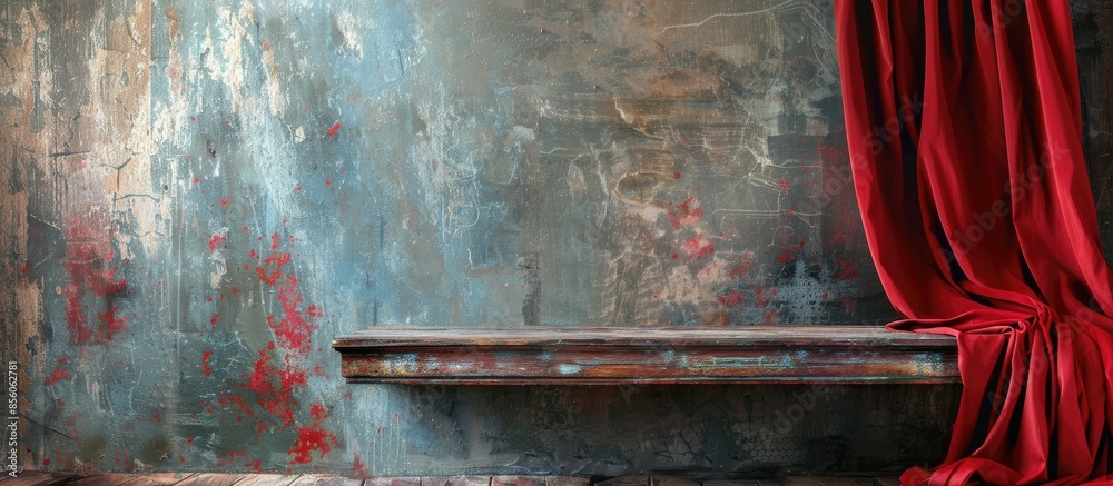 Poster red curtains and old vintage wooden table. copy space image. place for adding text or design