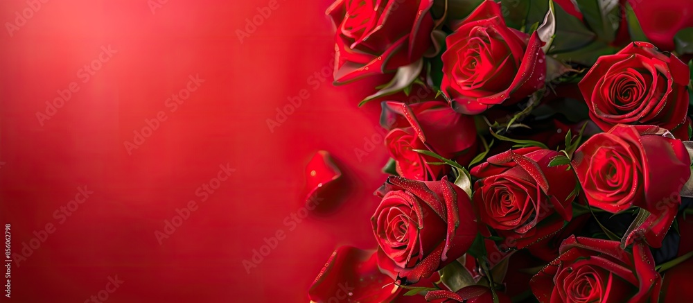 Poster beautiful creative rose flowers decorated background with happy valentine's day font. copy space ima