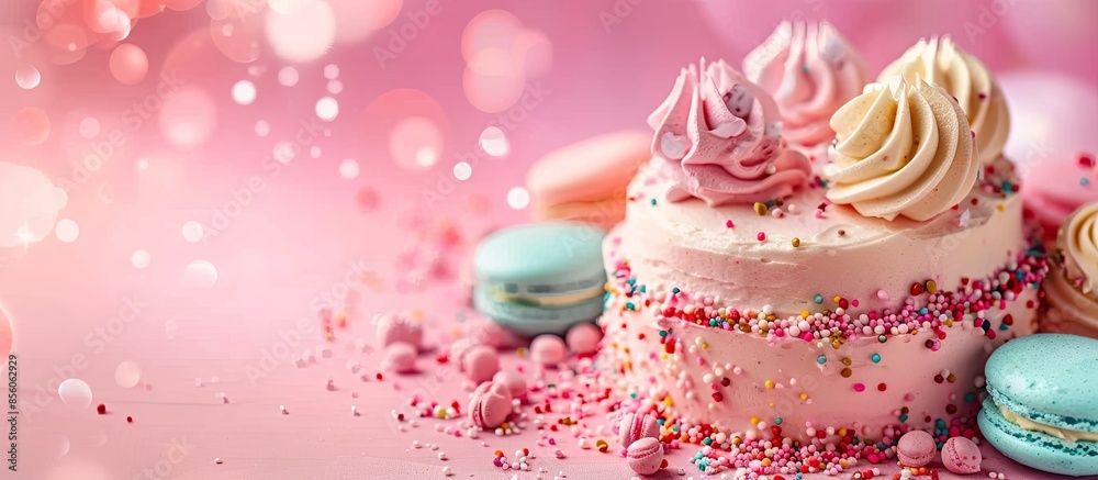 Aufkleber Tasty color cake with macaroons on table. with copy space image. Place for adding text or design