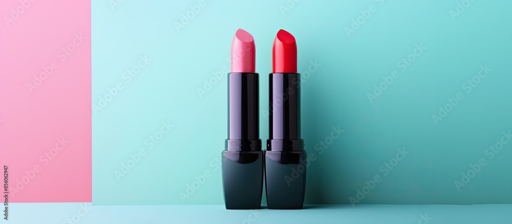 Poster Colorful lipstick in creative package design Isolated on pastel background. with copy space image. Place for adding text or design