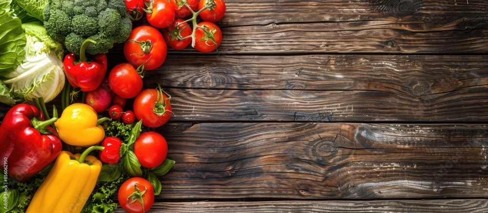 Leinwandbilder layflat composition of fresh vegetables arranged on a wooden background. copy space image. place for