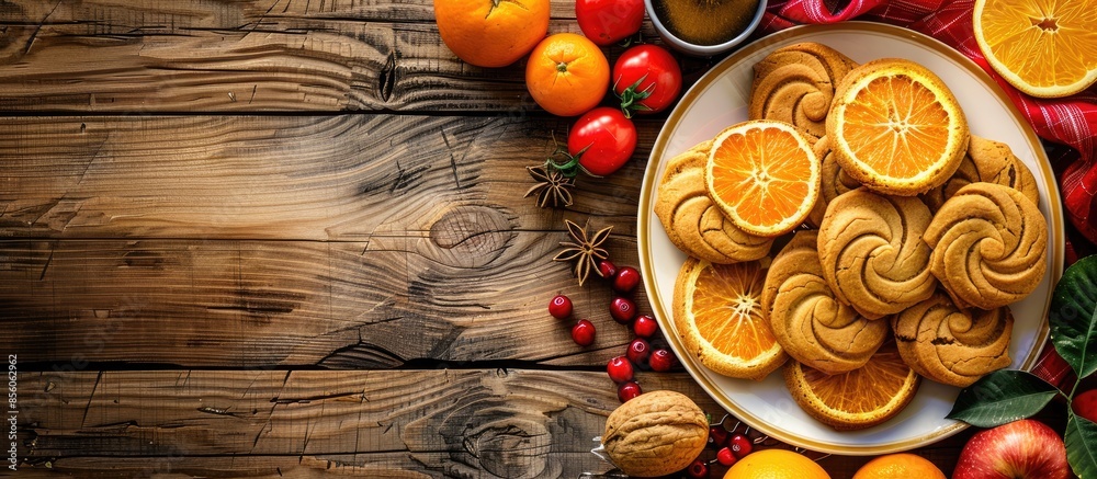 Aufkleber Table with orange cookies, fruits snacks. Table setting with tablecloth  and food. with copy space image. Place for adding text or design