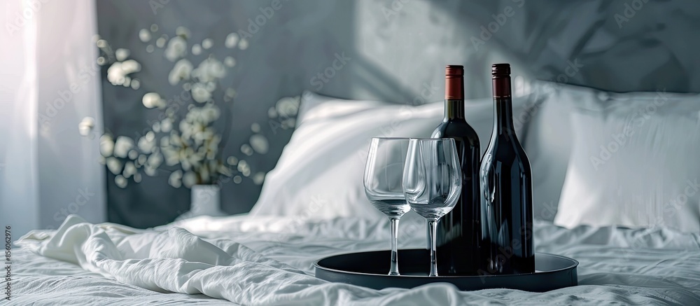 Aufkleber table tray decoration in the bedroom. bottle owine and glasses. elegant interior. with copy space im