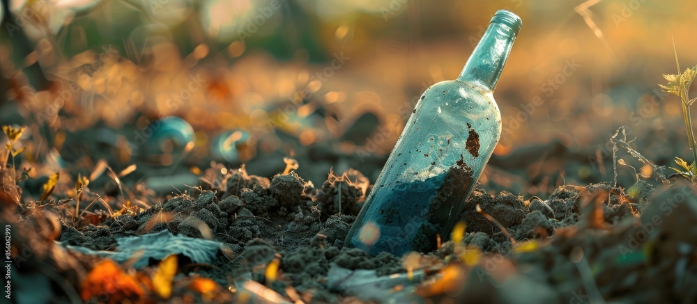 Poster the bottle is buried in the ground pastel background. with copy space image. Place for adding text or design