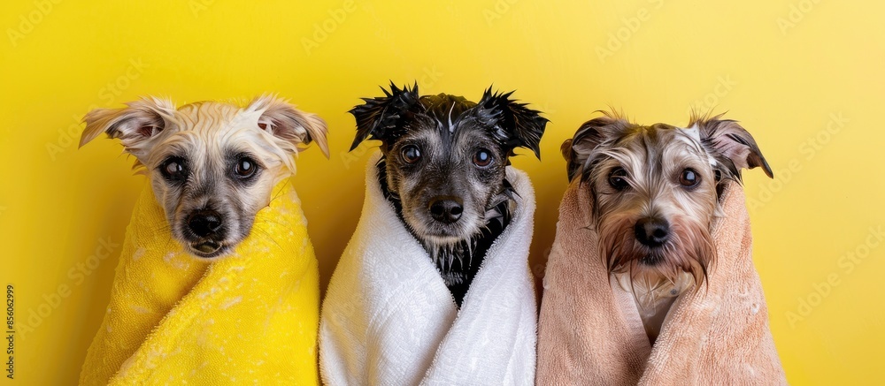 Poster Three dogs in towels after bathing. Copy space image. Place for adding text or design