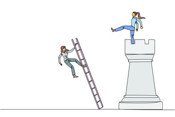 Single one line drawing businesswoman kicks opponent who climbing the chess rook with ladder. Wrong move. Wrong strategy. Plan leaked by colleague. Traitor. Continuous line design graphic illustration