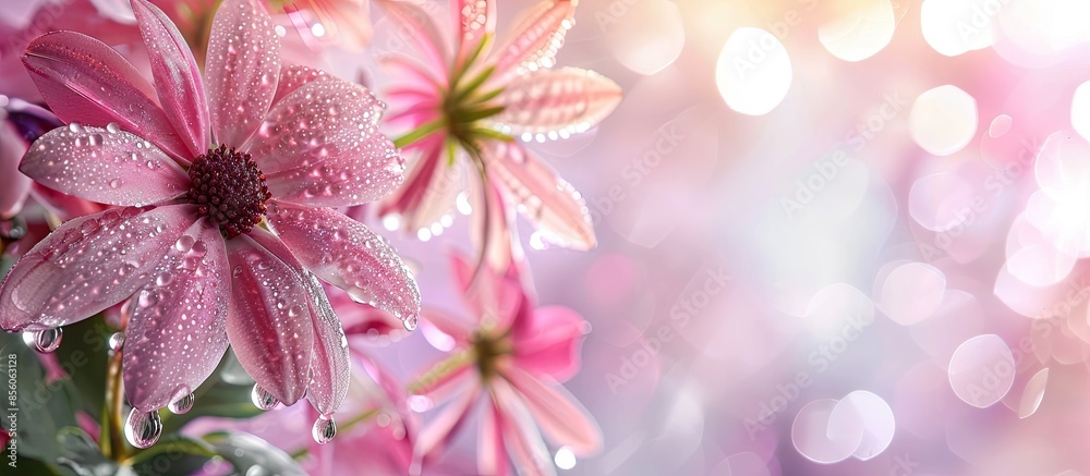 Poster pink flowers with drops. with copy space image. Place for adding text or design