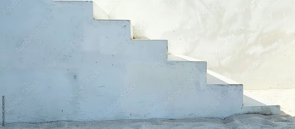 Poster white concrete stair with white beach sand background. taken indoor for background, abstract, wall p