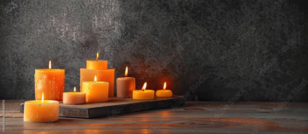 Poster Burning wax candles of different shapes on table. with copy space image. Place for adding text or design