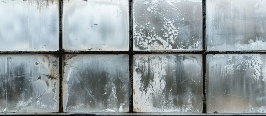 Wet window pane with black mold on plastic. Water condensation problem. Dew point. Winter outside. with copy space image. Place for adding text or design