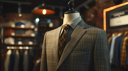 Mannequin wearing a plaid suit in a stylish boutique