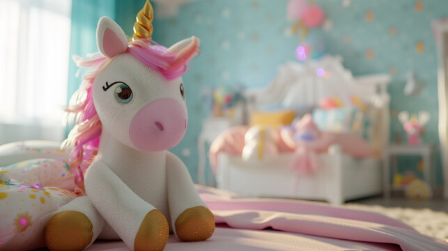 Stuffed unicorn toy on a bed in a colorful child's bedroom