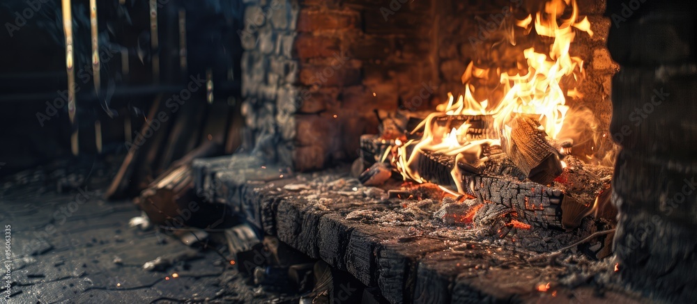 Poster Bright flame of fire burns in old fireplace. with copy space image. Place for adding text or design