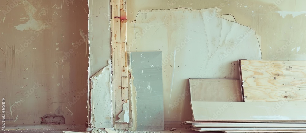 Poster Drywall pieces and sheathing leaning on wall at a construction site. with copy space image. Place for adding text or design