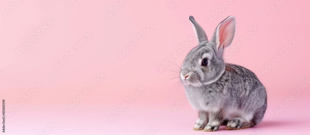 Poster grey rabbit on a pastel background  Isolated  Nature. with copy space image. Place for adding text or design