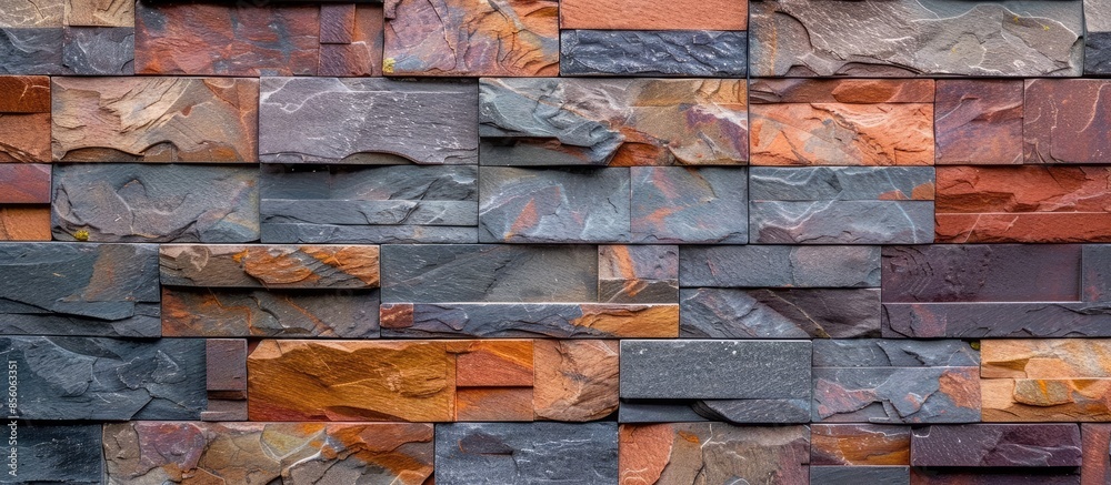 Poster brown red Slate Marble Split Face Mosaic  pattern and background brick wall. with copy space image. Place for adding text or design