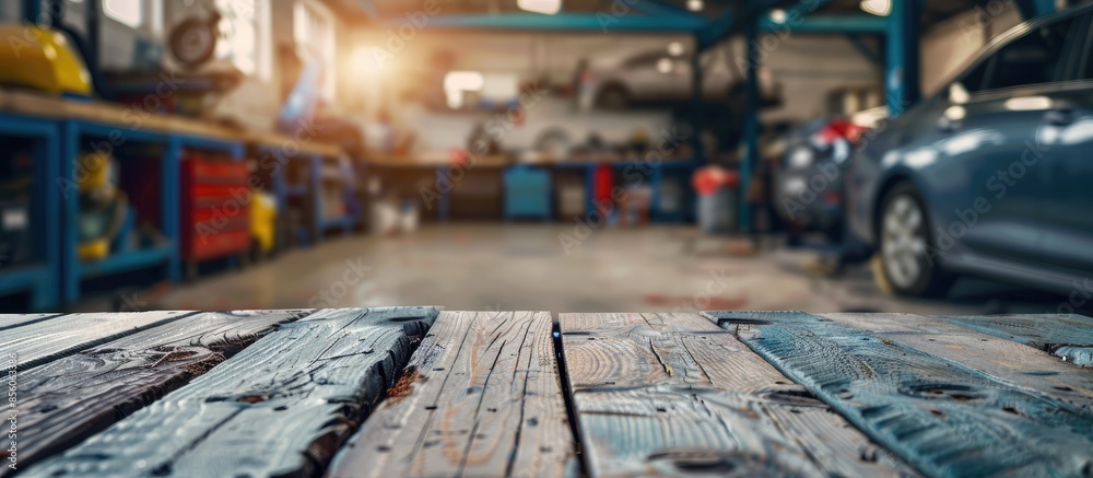 Aufkleber table with blur background garage for car service. Copy space image. Place for adding text or design