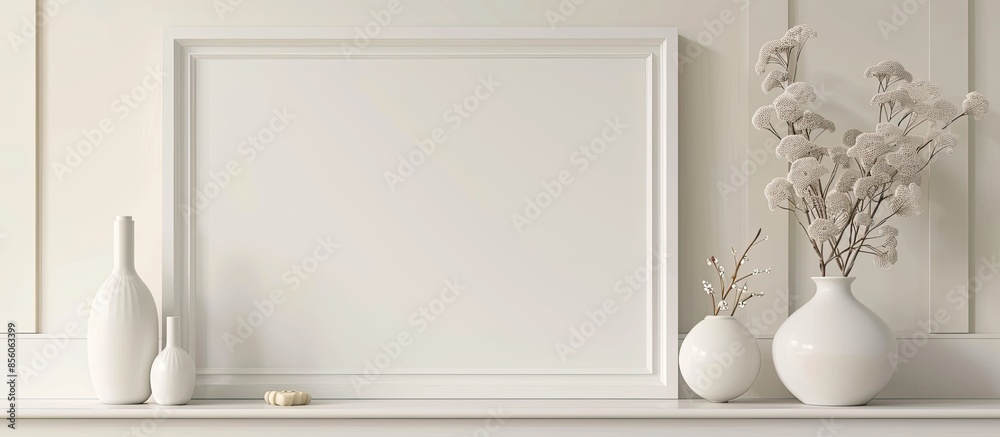 Leinwandbilder white wood photo frame mockup with vases. with copy space image. place for adding text or design