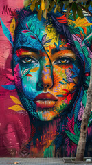 Colorful graffiti mural of a woman's face on a wall