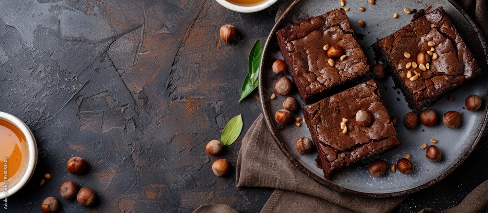 Aufkleber homemade chestnut cake, sweet vegan chocolate chestnut brownie bread with honey and caramel sauce. w