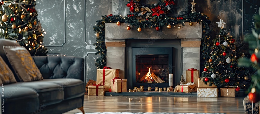 Poster decorated fireplace in interior of room on christmas eve. with copy space image. place for adding te