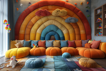 Obraz premium cheerful kids playroom with cozy seating, rainbow-themed decor, and soft cushions, featuring vibrant colors and playful design, bright and inviting space