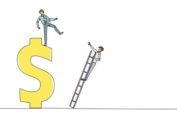 Single continuous line drawing businessman kicks his rival who is climbing a dollar symbol with ladder. Unhealthy competition. Using rough methods to bring down. One line design vector illustration