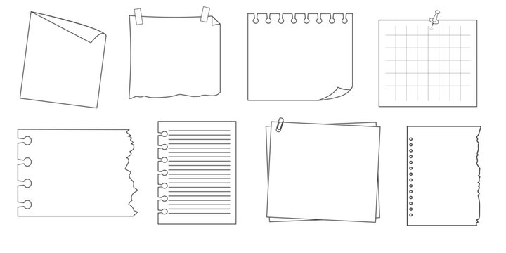 Memo sticky note reminder sheet paper. Doodle paper frame, check list with pin, tape, paperclip elements. Set cute notes, office or school messages.