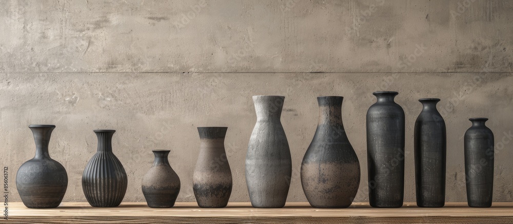 Aufkleber Dark vases lined up on a plywood shelf. with copy space image. Place for adding text or design