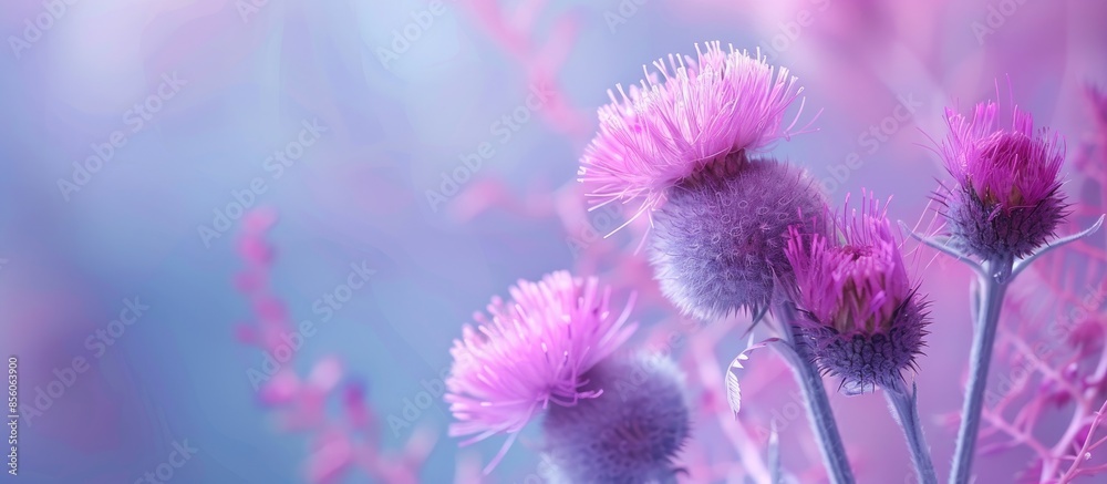Aufkleber purple thistle flower closeup. pastel background flower. with copy space image. place for adding tex