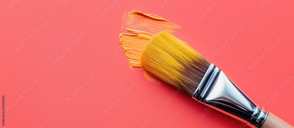Poster new yellow paint brush on a living coral background. with copy space image. place for adding text or