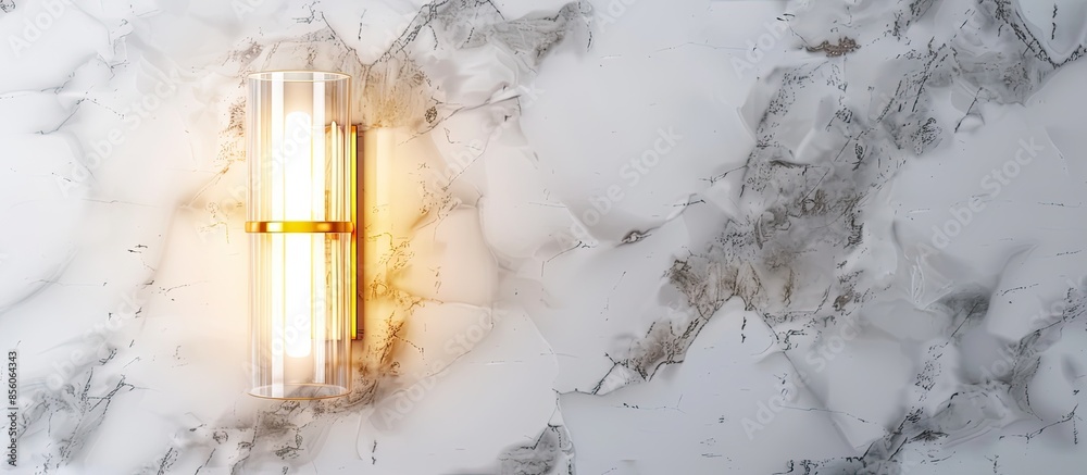 Poster wall lamp made of glass pipes with a gold line accent in the middle on a white marble wall. with cop