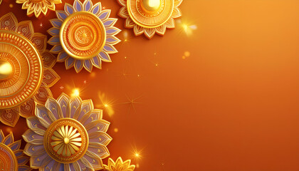 Golden Diya Decorations on Orange Background for Diwali Festival. Festival Greeting card and banner
