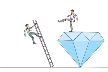 Single continuous line drawing businessman kicks rival who is climbing the diamond with a ladder. Knocking rival down from achieving a glorious position together. One line design vector illustration
