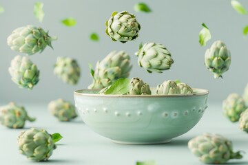 Obraz premium Floating Artichokes in Bowl