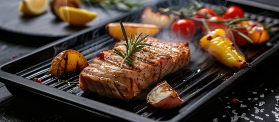 Grilled tuna and vegetables on a modern grill plate. Smoke over food. Modern kitchen. with copy space image. Place for adding text or design
