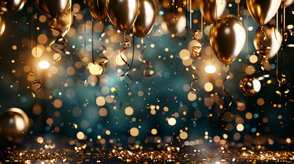 birthday party background, golden balloons, party wallpaper, new year wallpaper, celebration, confetti 