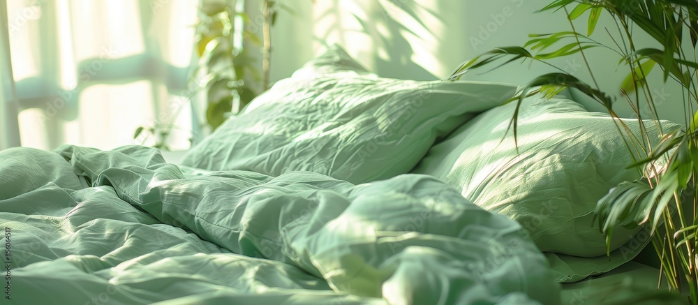 Poster minty green bedding on the bed at the early sunny morning. wake-up tipe. with copy space image. plac