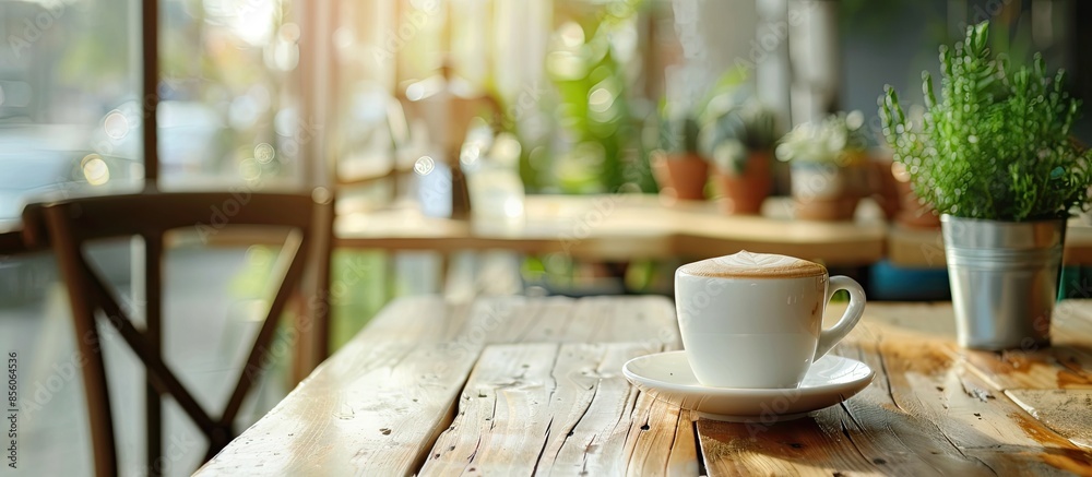 Poster coffee cup or coffee maker on the table , beautiful cafe . with copy space image. place for adding t