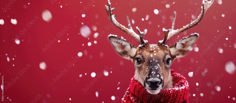 Poster Creative beautiful Christmas greeting card with funny reindeer face. Copy space image. Place for adding text or design