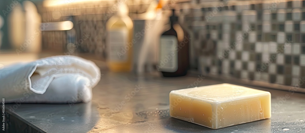 Poster Bar of soap in bathroom. with copy space image. Place for adding text or design