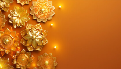 Golden Diya Decorations on Orange Background for Diwali Festival. Festival Greeting card and banner