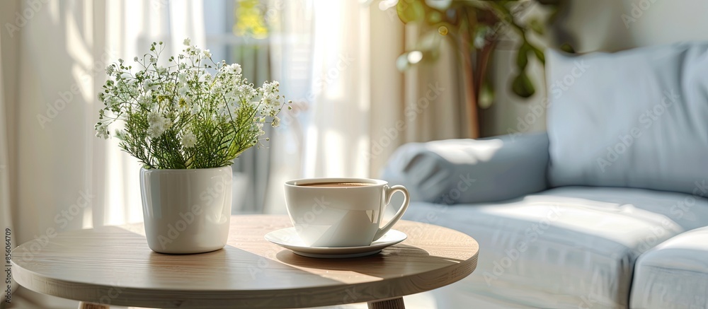 Poster cup with hot drink on coffee table, on home interior background. with copy space image. place for ad