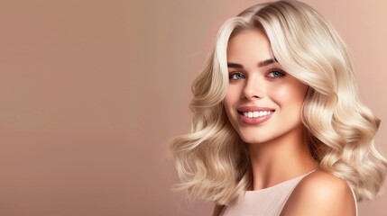 Fototapeta premium A stunning portrait of a graceful blonde woman showing a charming smile against a soft beige background